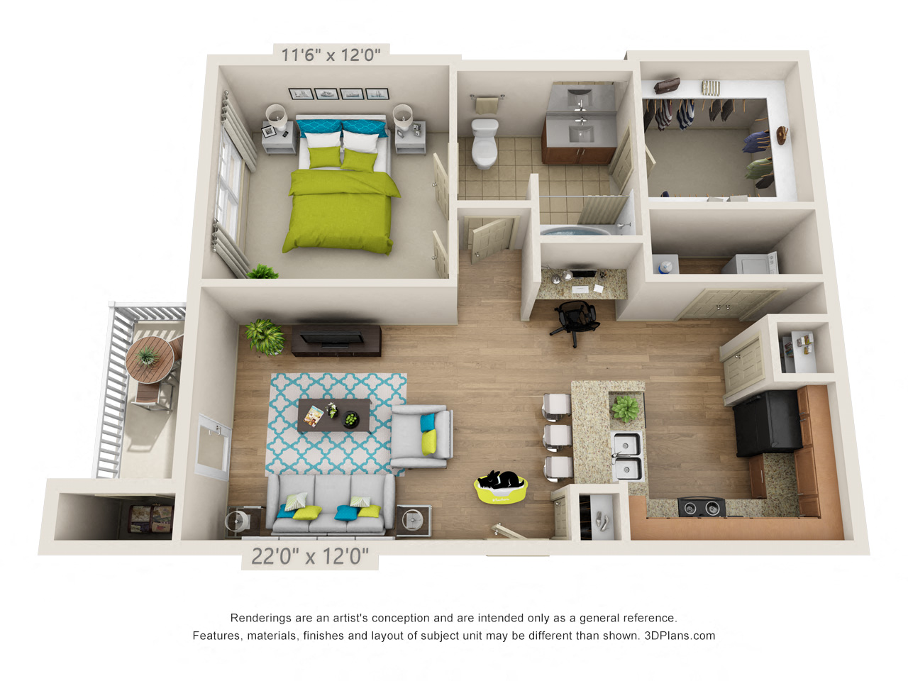 Floor plan for 1 bed, 1 bath, 720 sqft